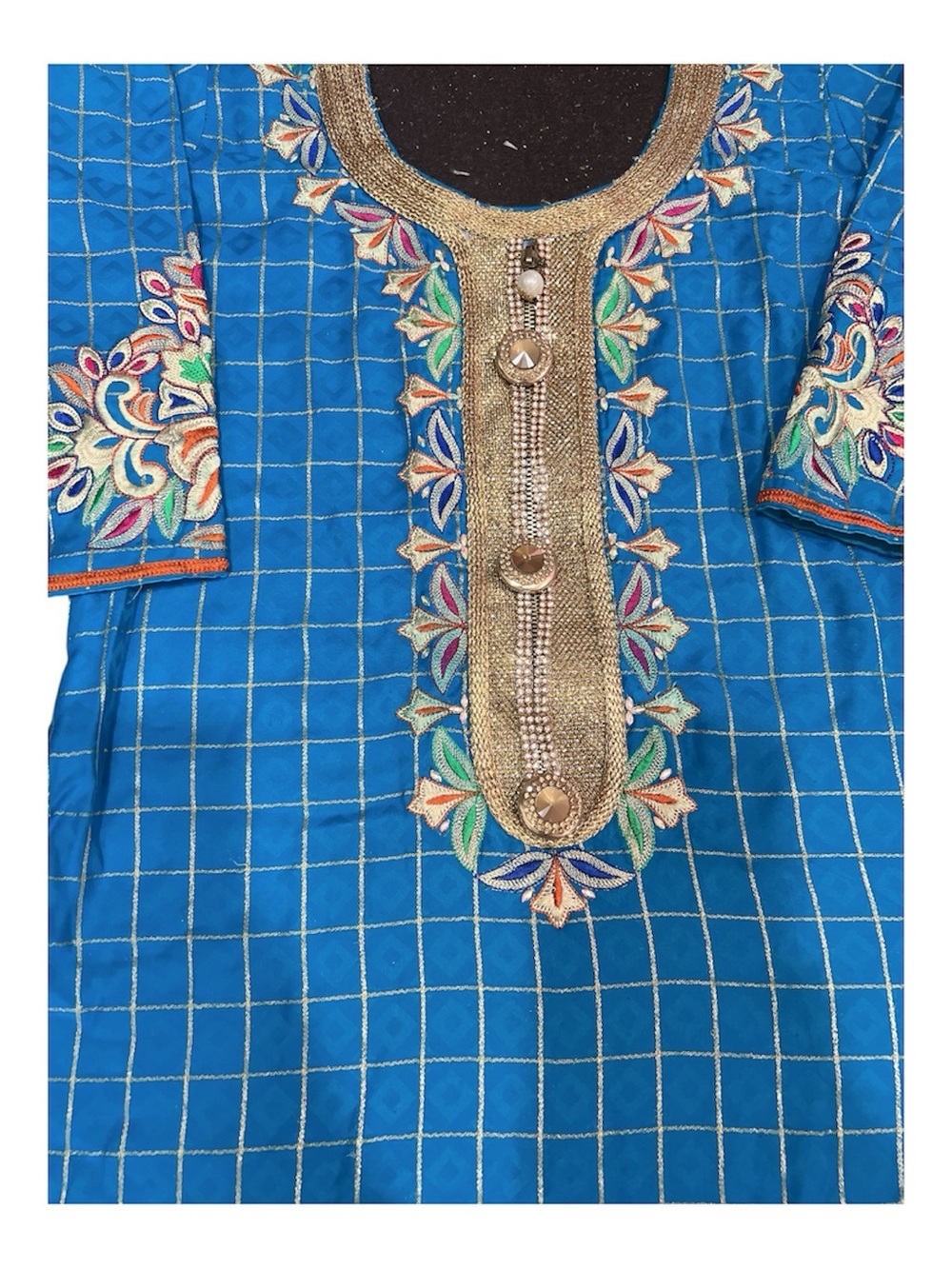 Blue Embroidered Women's Kurta Button-Down Shirt with Gold Placket